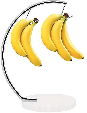 Livabber Marble Banana Holder with Metal Hanger, Modern Tree Stand with Hook, Stylish Banana Keeper Fresh Fruit Storage Organizer Freestanding for Kitchen Countertop (Chrome, Double Hook)