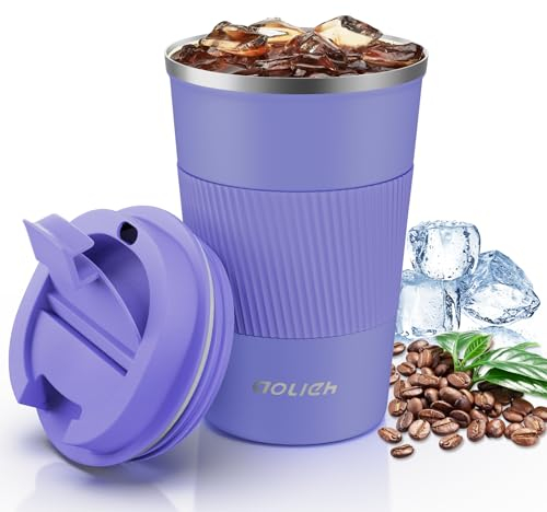 Aolieh Travel Mug, Insulated Coffee Cup with Lid, Reusable Double Walled Vacuum Flask Leakproof Coffee Mug, Stainless Steel Thermal Cup for Hot Cold Drinks, Coffee, Tea and Beer, Purple 380ml