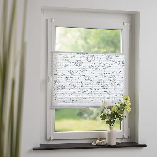 Klemmfix-Plissee mit ausgebranntem Blumen-Motiv, halbtransparent, ohne Bohren oder Schrauben, inkl. Klemmträger, Breite: 75 cm/Länge: 130 cm, Farbe: weiß