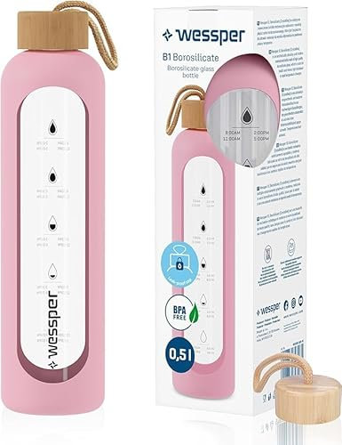 Wessper Bouteille d'eau en Verre, Bouteille Verre 500ml, Borosilicate Gourde Motivation avec Bouchon en Bambou et avec étui en Silicone, Bouteille Sans BPA – Rose