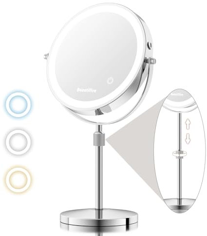 8-Zoll Höhenverstellbarer Schminkspiegel mit Beleuchtung, 15X/1X Wiederaufladbarer Kosmetikspiegel mit Beleuchtung, Stufenlos Dimmbarer Vergrößerungsspiegel mit Licht, 360° Drehbarer Tischspiegel