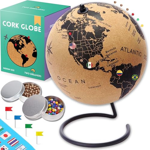 Medium Cork Globe with 300 Push Pins 9.4 Tall | World Travel Map with Metallic, Colored & National Flags Push Pins | 3D World Map Pin Board for Home or Office | Gift for Travelers, Couples & Families | Aesthetic Decor