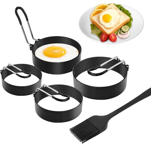 KATIMI 4 Pezzi Stampo Pancake, Stampo per Uova Rotondi, Anelli per Uova per Frittura da 2,95/3,93 Pollici in Acciaio Inox con Pennello Cucina, Antiaderente e Facile da Rimuovere