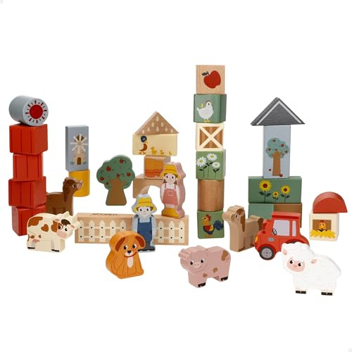 WOOMAX 33069 Bloques de Madera, Set 36 Piezas Animales Granja, Juguetes para apilar, Bloques apilables, Regalo niño 18 Meses, Juego construcción para bebés, Sello FSC, +18 Meses