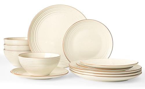 Richmount Vajilla Jupiter para 4 personas, juego de platos y cuencos de granola, gres con motivos salpicados y rayados, lavavajillas y microondas, antiarañazos, vainilla blanca