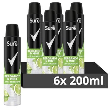 Sure Men Bergamot & Mint Deodorant Body Spray Antiperspirant with an energising scent and 48 hour sweat and odour protection 200 ml