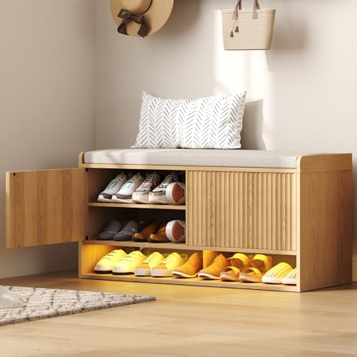 HOMEFORT 39.4 Fluted Shoe Storage Bench, Entryway Bench with Linen Seat Cushion, Shoe Cabinet Bench with Adjustable Shelf and Built-in LED Sensor Light, Bench for Bedroom End of Bed, Natural Oak