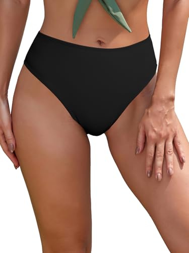 SHEKINI Maillot de Bain Femme Culotte String Tanga Bas de Bikini Noir Taille Haute Découpe Transversale