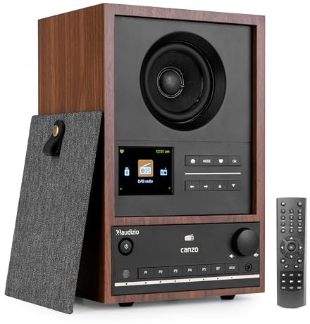 Audizio Canzo Radio Internet WiFi avec Dab/FM et Bluetooth - Noyer, Radio au Design Rétro, Panneau Amovible, Écran LCD, Réveil, Télécommande Incluse, Idéale comme Radio de Bibliothèque