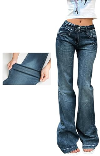 EMMIOL Women Mid-High Waisted Flare Jeans Y2K 90s Vintage Stretchy Bootcut Wide Leg Denim Pants Bell Bottom Medium Dark Blue