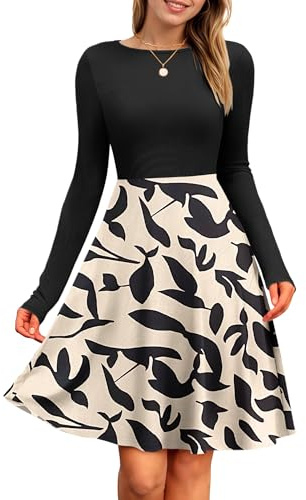 PLOKNRD Women's Long Sleeve Dress Ribbed Knit Jumper Dress Elegant Casaul A-Line Dresses (Apricot Leaf,XL)