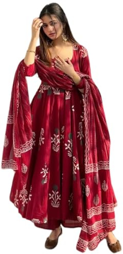 ANNI Designer | Rayon Anarkali Printed Kurta Pant Dupatta Set | Stylish Cotton Kurti Set for Women | Ethnic Co-ord Suit Set with Dupatta Festive Kurta Sets for Women