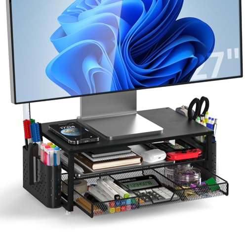 MOWETOO Soporte para monitor con 2 niveles, soporte para impresora, soporte para monitor con plataforma de rejilla, cajón y soporte para bolígrafos, adecuado para portátiles, ordenadores, PC