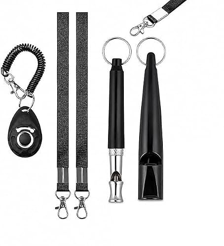 Silbato para perros, set de 3 unidades, incluye silbato metálico, plástico y con disco, con 2 cuerdas de 45 cm, ideal para entrenamiento de perros y perros pastores