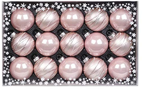 15 Weihnachtskugeln 6 cm mit Streifen - Motive Glas Dekor Geschenkbox Set Christbaumschmuck Weihnachtsdeko Weihnachtsschmuck Deko Weihnachten Kugeln Farbe: rosa Glanz matt