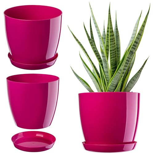 KADAX Elegant blomkruka, växtkruka med fat, rund blomkruka, plastblomkruka, skydd för blommor, inomhus blomkruka Ø 20 cm amaranrot