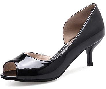 Z54311 Escarpins décontractés à enfiler en cuir verni avec bout ouvert et talon moyen pour femme 6 cm, Noir , 37 EU