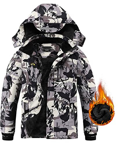 AFILOK Boy's Ski Jacket Waterproof Breathable Kids Fleece Lined Windproof Hooded Snowboard Coats(white camouflage 10-12)