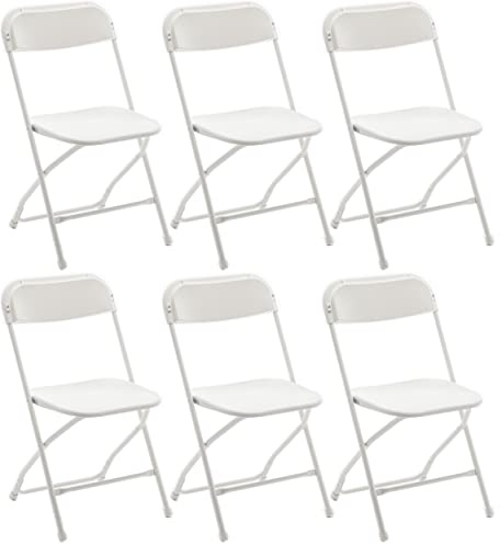 BTEXPERT Set of 6, Indoor Outdoor White Plastic Folding Chairs Stacking Steel Frame Commercial 650LB Weight Capacity Seating Home Yard Garden Wedding Event Party Picnic Dining Church School Portable