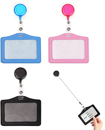 3 fundas de cuero para tarjetas de identificación con clip, soporte de identificación portátil, carrete de identificación retráctil, para eventos de negocios, exposiciones, oficinas y escuelas