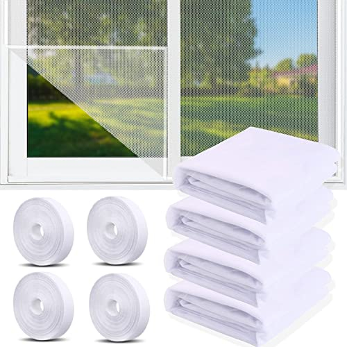 4 Pcs Moustiquaire Fenetre, 150x130cm Moustiquaire pour fenêtre, Toile Moustiquaire Découpable avec 4 rouleaux de bandes autocollantes, Filet Écran Insecte (Ensemble 4 pièces blanc)