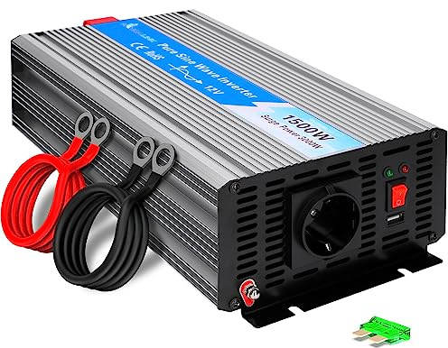 EXTRALINK Wechselrichter 12V auf 230V Reiner Sinus 1500W 3000W Spitze – Spannungswandler mit USB, Lüfter & 4-Fach Schutz – für Auto, Wohnmobil, Boot, Camping, empfindliche Geräte, Solar