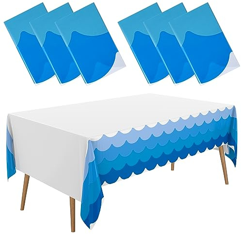 Irenare 6 Pcs Ocean Waves Theme Tablecloth 87 x 108 Inch Blue Rectangle Water Print Plastic Table Cover Sea Beach Mermaid Party Table Cloth for Summer Birthday Shower Decor Pool Party (Ocean)