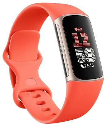 Google Fitbit Charge 6 Aktivitätstracker enthält ein 6 monatige Premium Mitgliedschaft, 7 Tage Akkulaufzeit, Google Wallet und Google Maps, Coral / Aluminium Champagne Gold