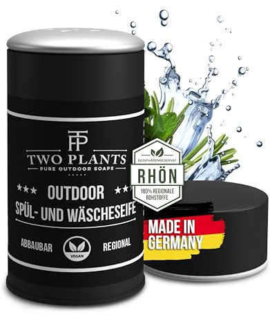 Outdoorseife im Streuer – 2-in-1 Spül- & Waschseife | Vegan, biologisch abbaubar & plastikfrei | Ideal für Camping, Reisen & kaltes Wasser | Handgemacht aus dem Rhön-Biosphärenreservat | TWO PLANTS