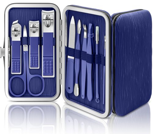 BLESWIN Nagelset Maniküre, 10 in 1 Professionelle Nagelknipser-Kit, Nagelknipser Gelnägel, Nagelknipser Set Männer Frauen, Tragbar Maniküre-Set Blau Leder-Etui für Reisen Startseite