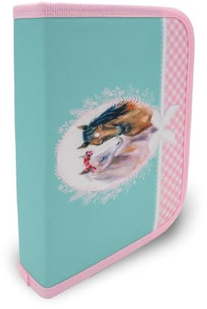 itenga Schüler-Etui 28 teilig gefüllt 1-Zipper Federmäppchen für Jungen und Mädchen (Pferd)