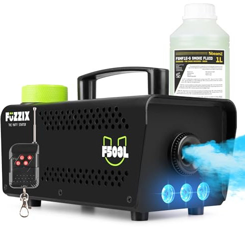 Fuzzix F503L - Máquina de humo 500W con LEDs RGB, mando inalámbrico, 50 m³/min, calentamiento rápido 2,5 min, depósito 250ml, incluye 1L de líquido, ideal para fiestas y DJs