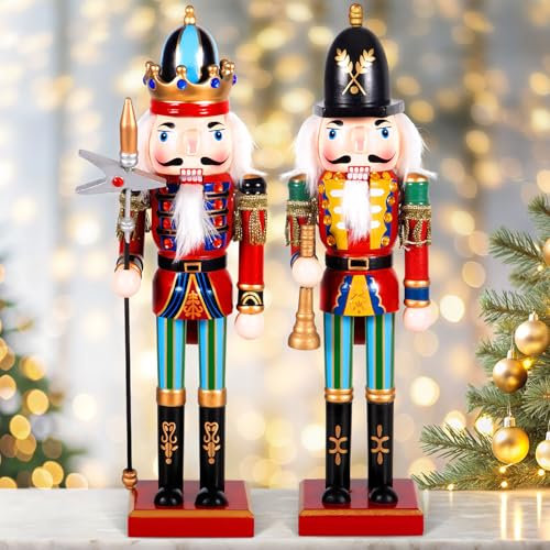 TEWWCEO 2 Piezas de Adornos de Cascanueces Navideños, 30CM Figuras Tradicionales, Soldado de Madera Decoración Para el Hogar, Fiesta o Navidad