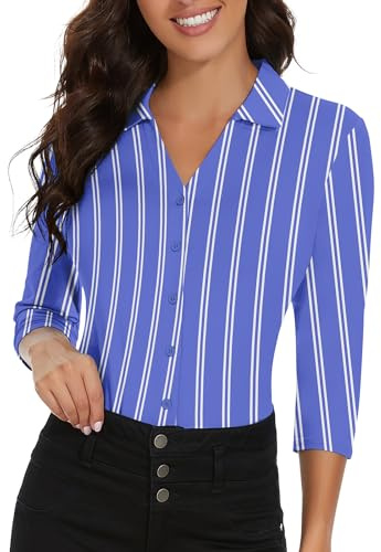 Soneven Camisa Elegante de Verano para Mujer, de 3/4 Manga Larga con Cuello en V, Polo de Golf para Trabajo con Botones, Rayas blancas, L