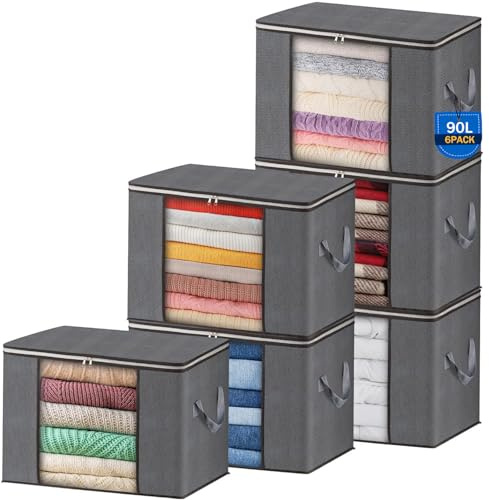 AIOR 6pcs Bolsa de Almacenamiento de Ropa Plegable, 90L Grandes Cajas de Almacenaje Ropa con Cremallera y Mango Reforzado, No-Tejida Organizador Guardar para Edredones Mantas, 60x40x35cm