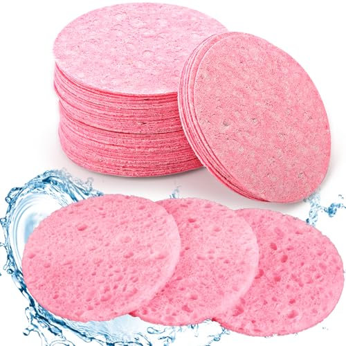60Pcs Facial Sponges Compressed Face Sponges Cleansing 100％ Natural Wood Pulp Cotton Face Exfoliator Pad Sponge Face Cleansing Pads for Daily Skin Care Deep Cleaning Makeup Removal (Pink)