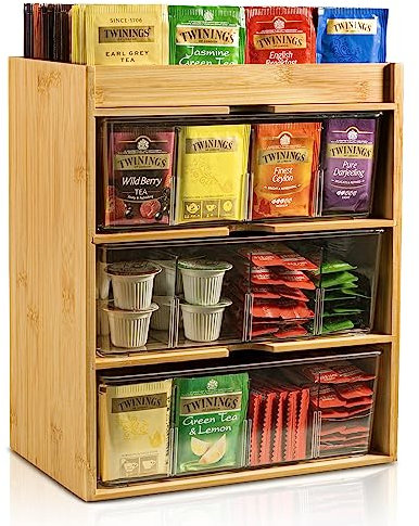 KAMJUNTAR Bamboo Tea Bag Organiser, 3 Tier Tea Holder, Vertical Tea Caddy, Wood Tea Box Tea Bag Storage for Cupboard Organizers, Tea Holder Organizer for Countertop Office Kitchen Cabinet Pantry