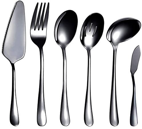 Pesfehhy Bestickset i 6 delar, serveringsbestick, serveringsredskap, inklusive tårtserver, slitsad serveringssked, svart