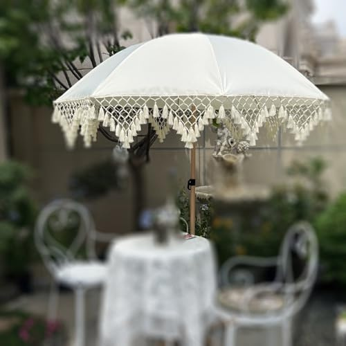 OPOLDBDMAC Sombrilla De Jardín Exterior con Flecos, Ø180cm Sombrilla De Playa Portátil Parasol De Jardín Inclinable 8 Varillas Sombrilla Playa para Balcón, Piscina, Terraza Y Patio