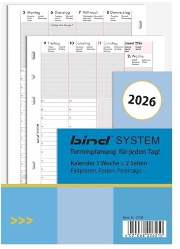 BIND B250826 Kalendereinlage für Wochenkalender A5, Timer Einlage für Kalender Jahr 2026, 1 Woche / 2 Seiten, Terminkalender mit System, Kalendarium für bind Systemplaner und Standard Timeplaner