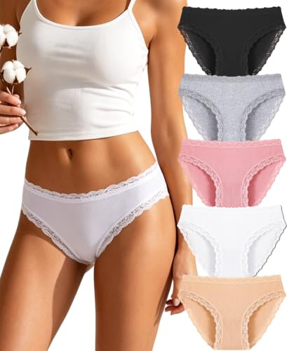 ALL OF SHE Cotton Underwear Women 5 Pack Ladies Knickers Multipack Soft Breathable Lace Trim Panties Comfortable Everyday Briefs S-2XL