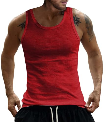 Débardeur pour homme sans manches en coton côtelé - Veste d'été décontractée - T-shirt à manches courtes - Sous-vêtements de sport - Ajustement musculaire, Rouge, XL