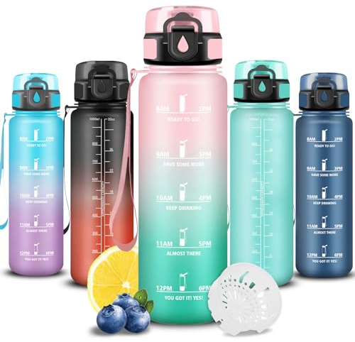Trinkflasche- 1 liter- Wasserflasche Sport, Trinkflasche Auslaufsicher, Wasserflasche mit Zeitmarkierung, Leicht zu Tragen und zu Reinigen, Sportflasche für Fahhrad, Schule, Erwachsene, Gym, Fitness