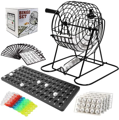 Weciau Bingo Gioco, Set da Bingo con 1 Tamburo, 2 Tavola da Gioco, 18 Biglietti, 75 Palline, 150 Chip, Tombola per Adulti, Feste, Festività ed Eventi, Dopo Cena, Natale, Nero
