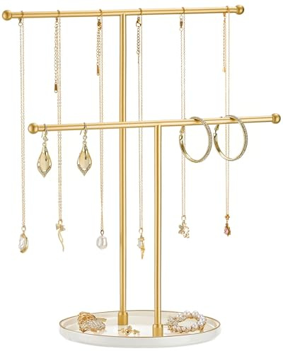 Josmimic Schmuckständer für Halsketten mit Keramikbasis - 30 cm Schmuckaufbewahrungsorganizer für Halsketten, Armbänder, Ringe, Ohrringe | Goldene Stange Weiße Basis