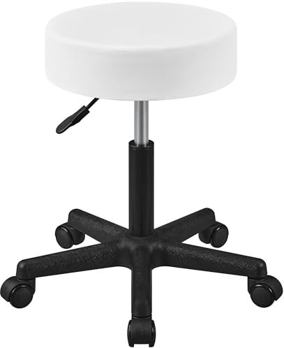 Yaheetech Taburete Giratorio sobre Ruedas, Taburete Rodante Regulable, 46-61.5 cm,Asiento Tapizado de Polipiel Sintético,para Hogar Oficina,Estudio,Tatuajes Salón,Masajes Centro,Belleza,Blanco