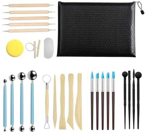 28 Pcs Kit d'Outils de Poterie et Sculpture avec Fil à Couper l'Argile, Outils de Modelage pour Argile Autodurcissante, Céramique et Pâte Polymère, Idéal pour Débutants et Adultes