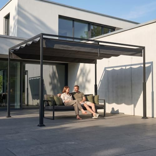 UISEBRT 3x4 m Pérgola metálica impermeable estable resistente al invierno, pabellón con techo de laminillas, protección solar para sombrilla independiente con techo corredizo para jardines y terrazas