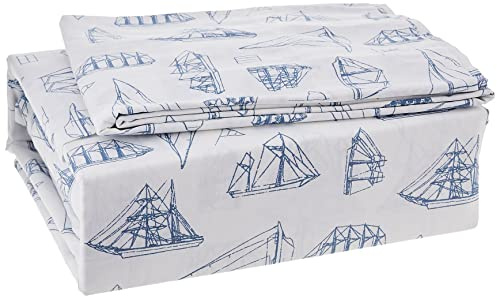 Nautica - King Size Sheets, Cotton Percale Bedding Set, Crisp & Cool, Coastal Home Decor (Whitewood Sail Blue, King)