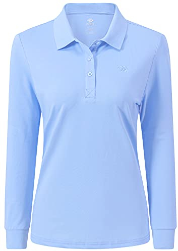 AjezMax Damen Sports Poloshirt Langarm Piqué-Polo Baumwolle Polohemd Atmungsaktiv Basic Golf Polo Shirt Small Blau